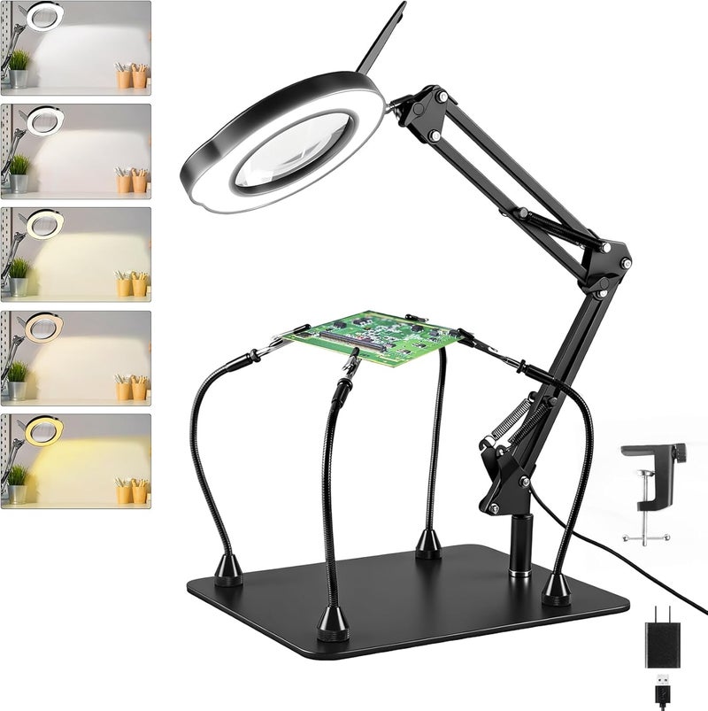 Jaenmsa Helping Hands Soldering Station with Light and Stand, 4.3" 10X Soldering Magnifying Glass with 4 Flexible Helping Arms, 5 Color Mode, 10 Dimmable Levels for Electronics Repair, Jewelry, Hobby - Image 1